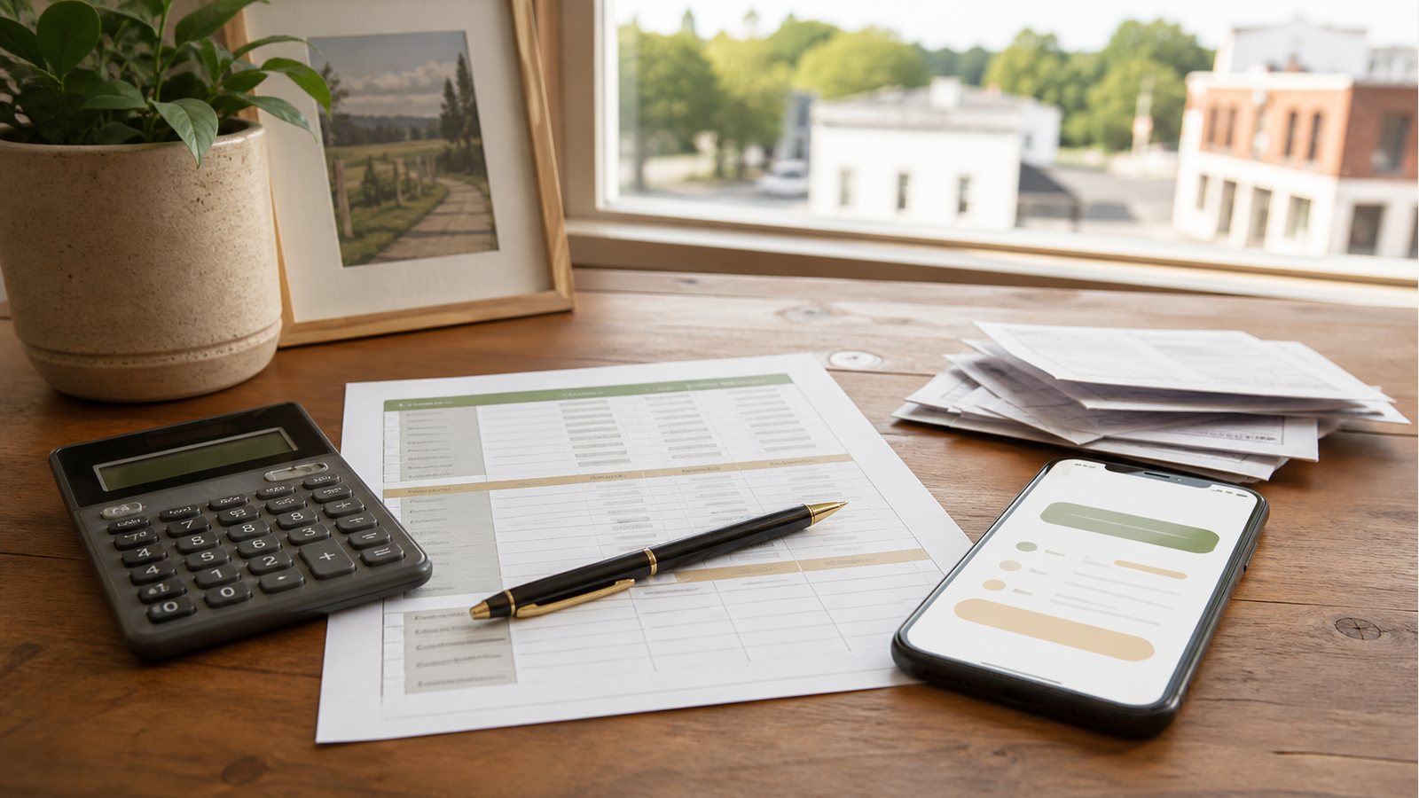 Calculator, budget worksheet and loan application screen on a desk in a Tennessee office