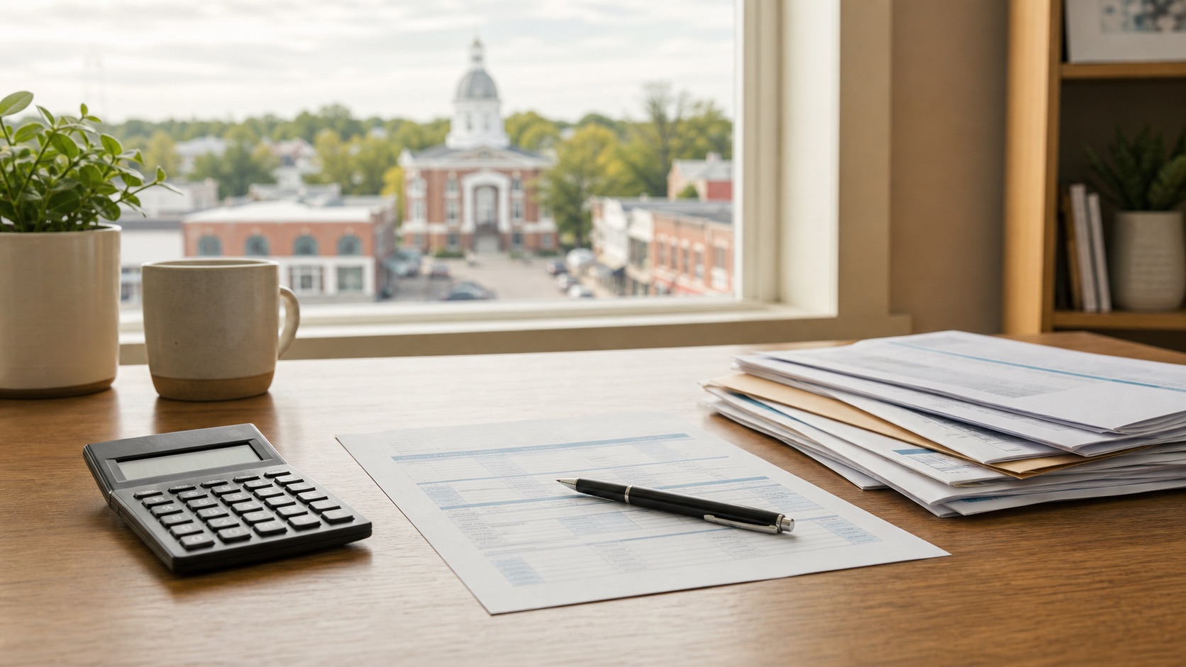 Budget worksheet, calculator and bills on a desk near a Tennessee town square window