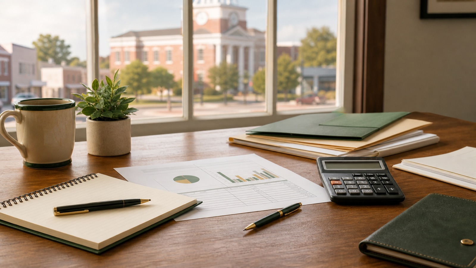 Desk with a calculator and loan comparison notes in a Winchester, Tennessee office