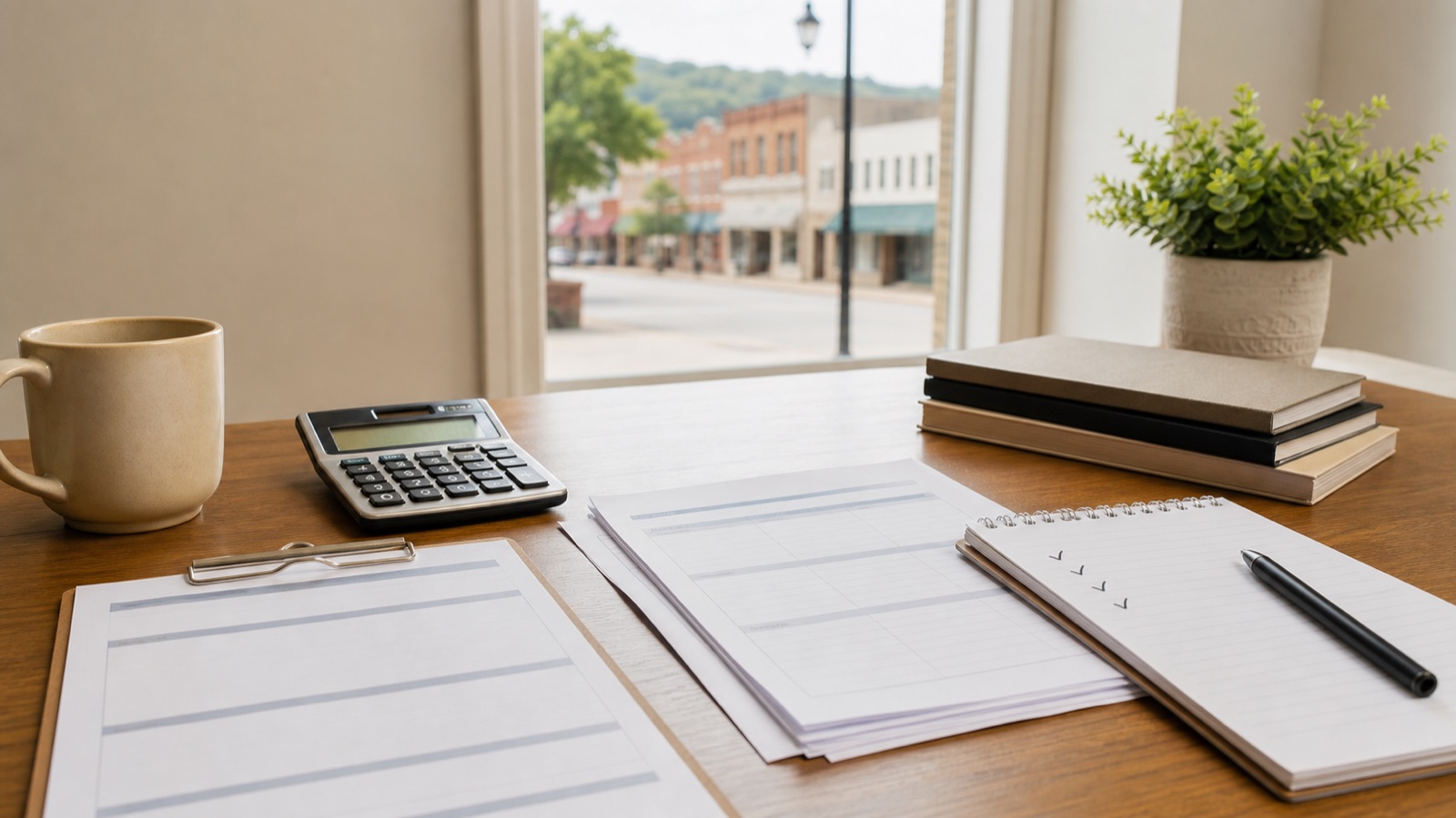 Calculator and small loan comparison papers on a desk in a Winchester Tennessee office