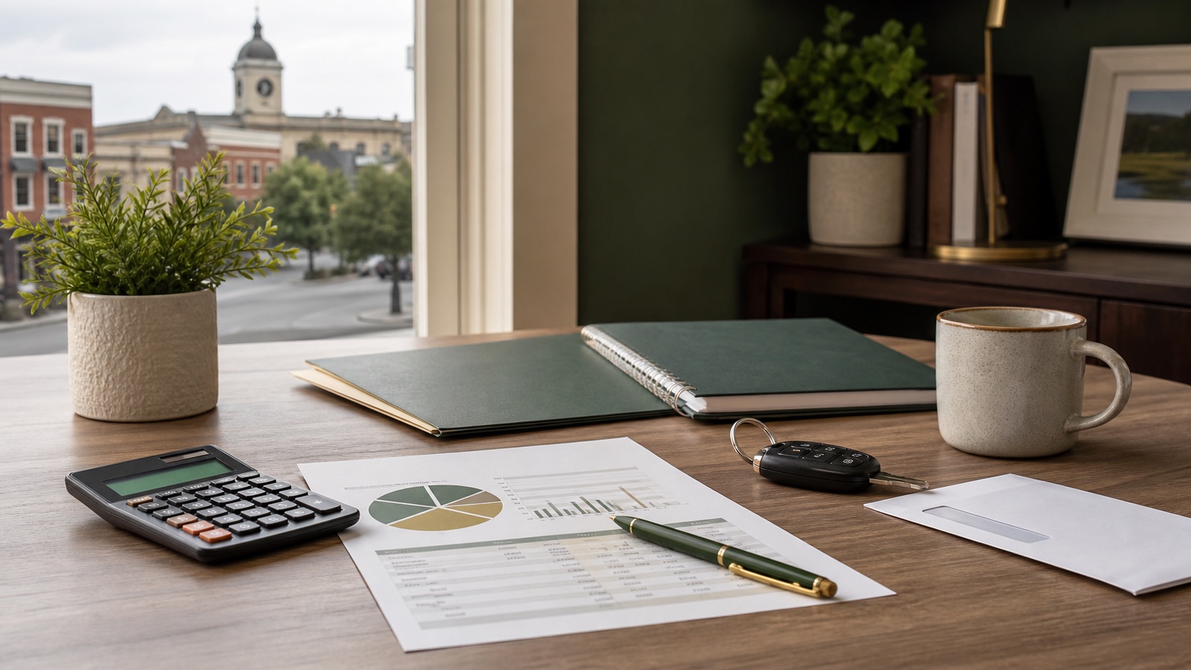 Budget worksheet, calculator and car key on a desk for comparing emergency loan options in Winchester Tennessee