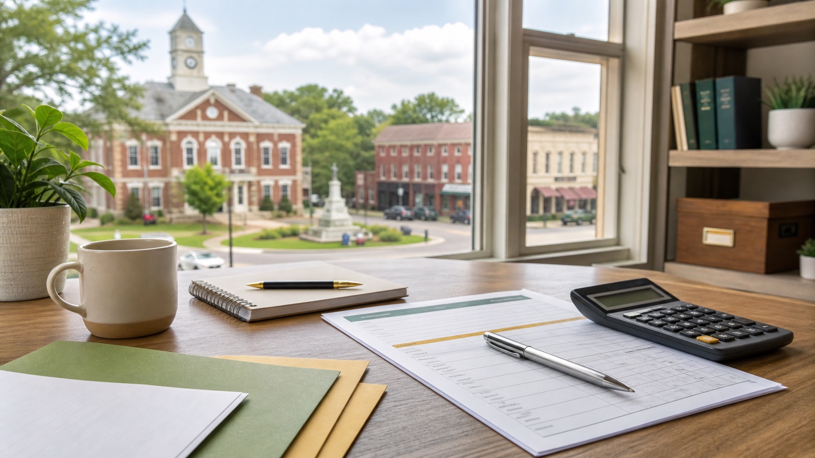 Budget worksheet and calculator on a desk overlooking a small Tennessee town square