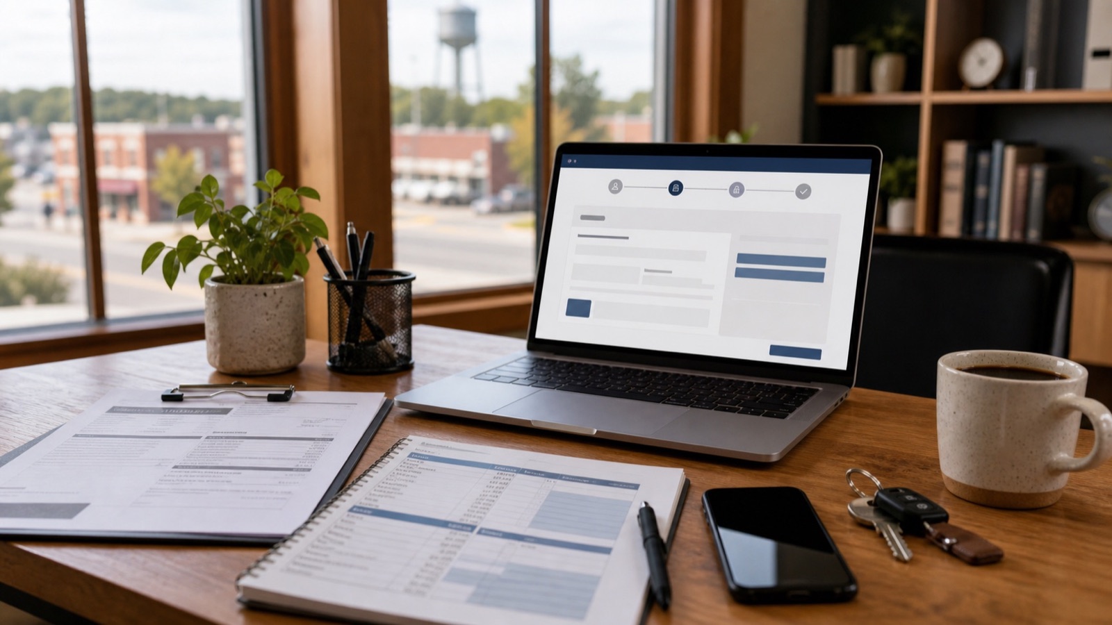 Laptop application screen, budget worksheet and keys on a desk in a Winchester Tennessee office